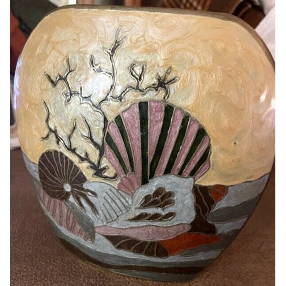 Solid Brass Cloisonne Enamel VASE Ocean Seashells Sand Beach Made in India 8"